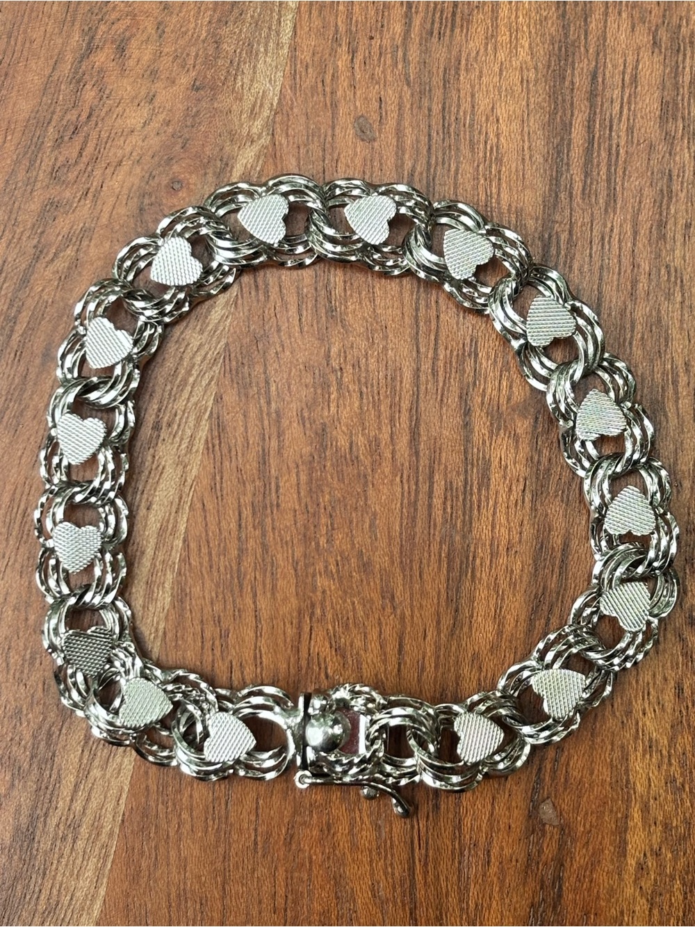 Vintage Sterling Silver Heart Link Bracelet 7” Chunky Romantic Chain